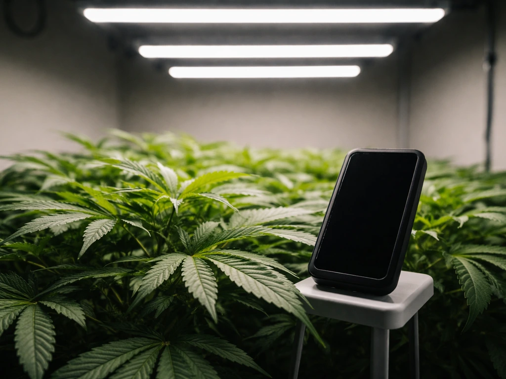Leafy plant canopy under grow lights with a phone near the leaves as light is being checked.