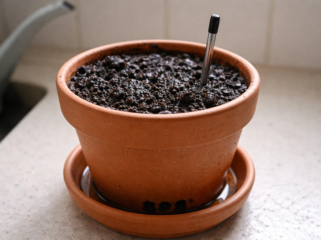 Close-up of a damp terracotta pot with a moisture probe showing wet soil and poor aeration.