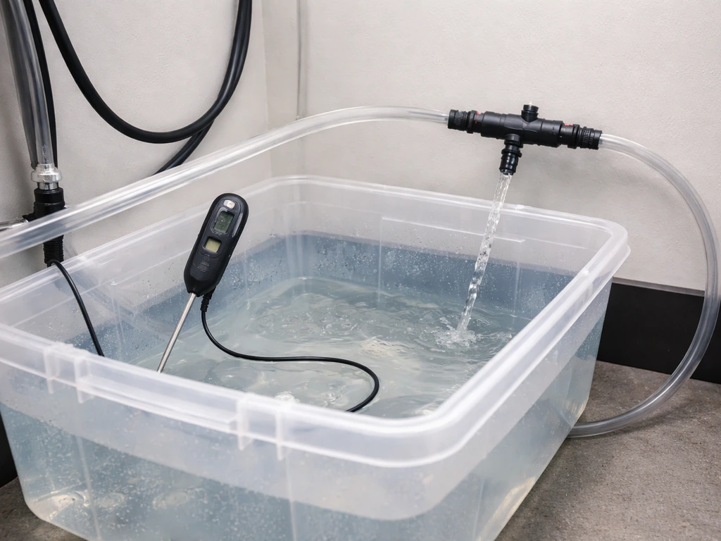 Hydroponic reservoir with a thermometer probe in water and visible flow/return tubing in frame.