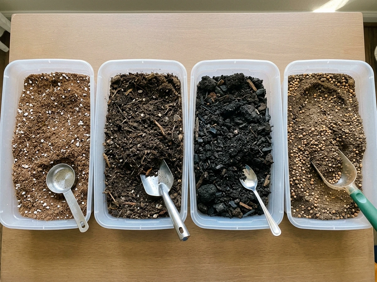 Four soil types shown side-by-side: potting mix, living soil, super-soil, and buffered blends for weed.