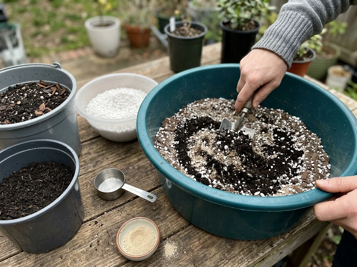Beginner soil mix in progress: potting mix, perlite, and worm castings being blended for weed.