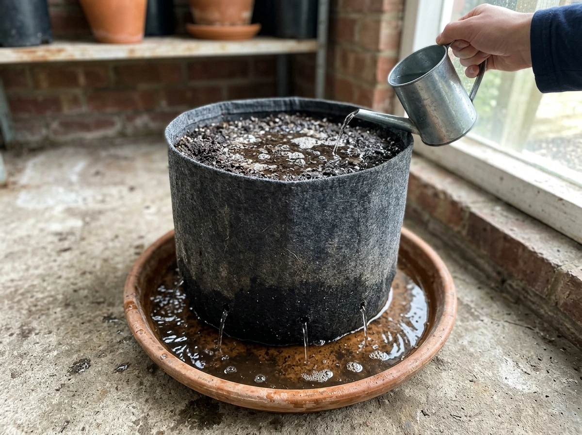 Fabric pot with drainage holes catching runoff in a tray to prevent standing water.