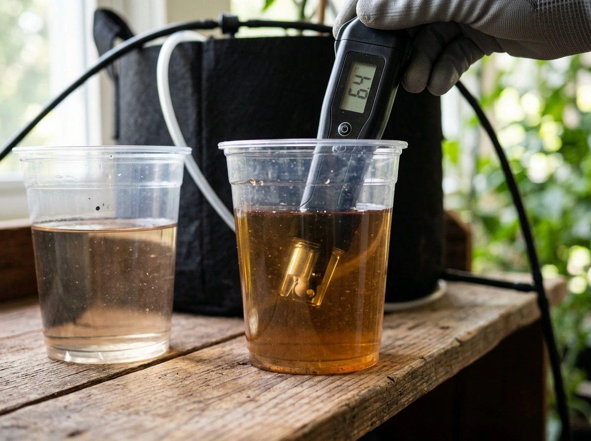 Digital pH pen testing runoff sample for soil grow pH accuracy.