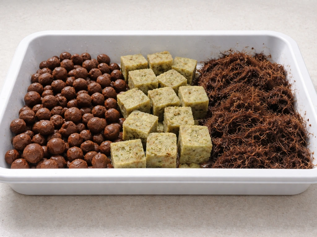Top-down view of three DWC grow media samples—clay pebbles, rockwool cubes, and coco—with water-absorption contrast.
