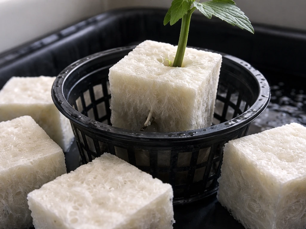 Close-up of rockwool cubes with a rooted cutting in a hydroponic DWC net pot.