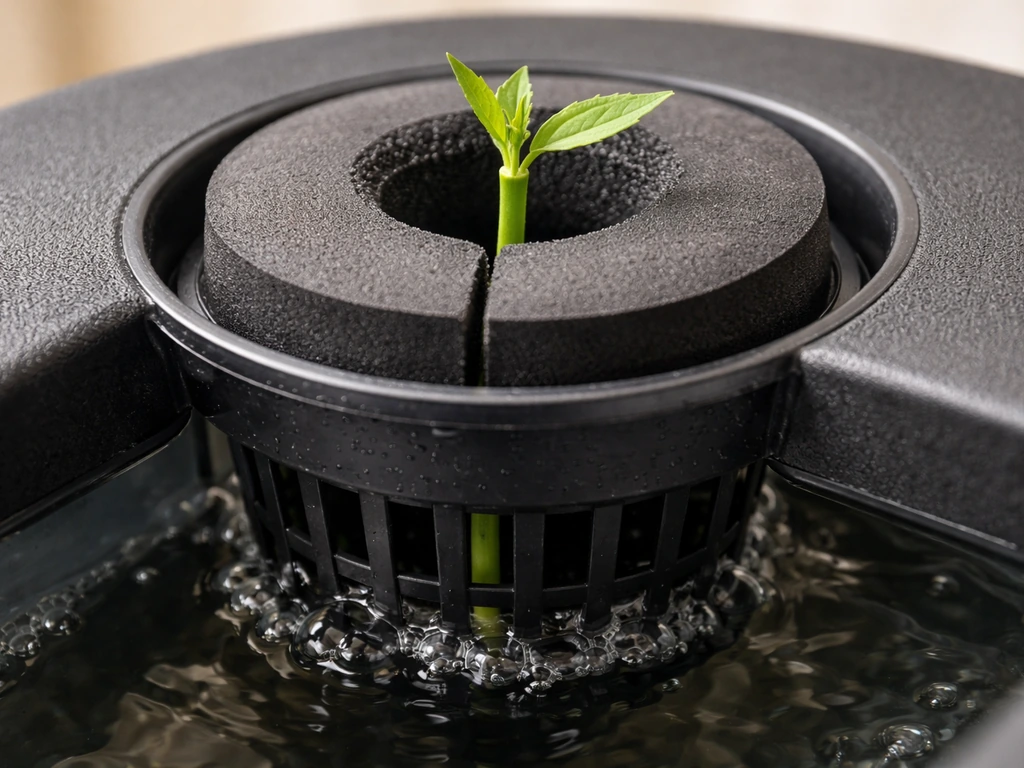 Neoprene and foam collar holding a clone cutting in a net pot over a DWC reservoir