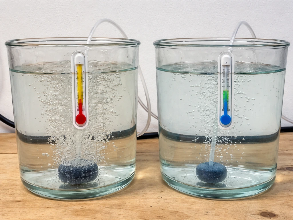 Two hydroponic water setups showing warm water with stronger bubbling vs cooler water with gentler bubbles.