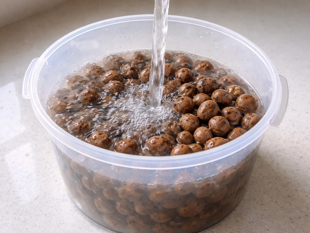 Clay pebbles in a clear bucket under running water, with cloudy rinse water turning clearer.