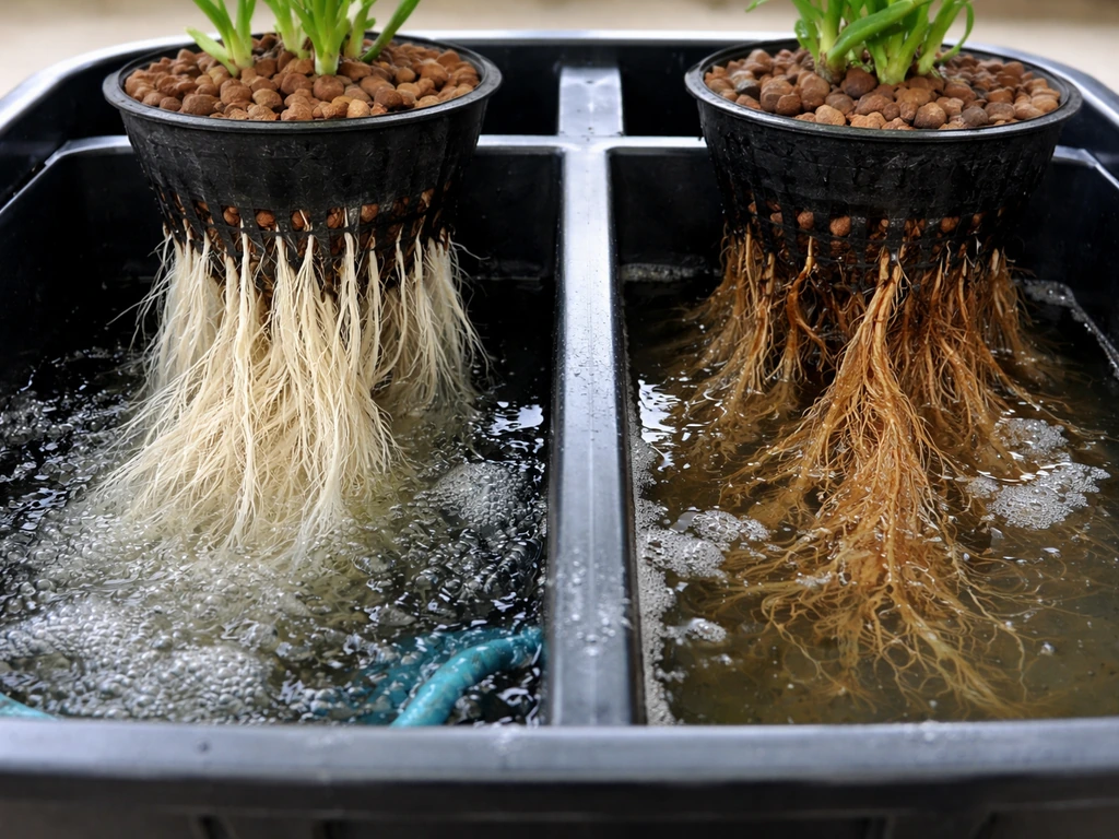 Close-up of DWC roots: white healthy roots on one side, brown slimy roots on the other.