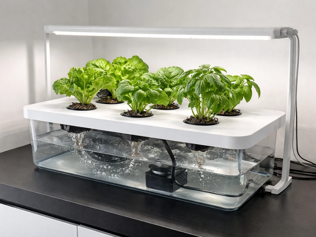 Clean indoor hydroponics setup with grow lights, reservoir, and leafy greens in a nutrient-circulation system.
