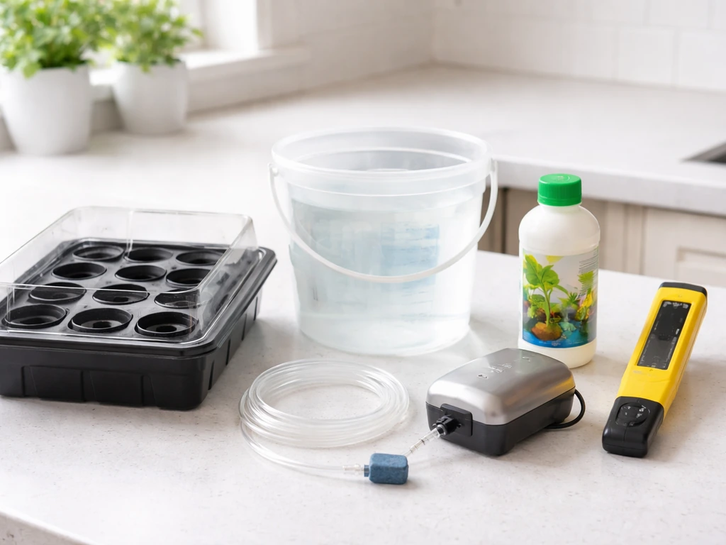 Hydroponics starter gear laid out side-by-side: tray and net pots, reservoir, air pump, nutrients, and pH/EC meter.