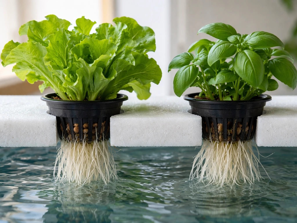 Two hydroponic net cups with healthy lettuce and herbs showing visible white roots in clean water.