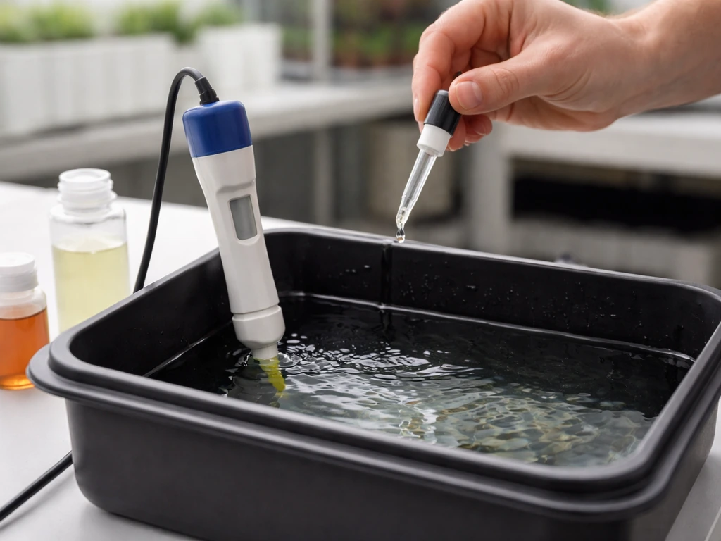 Hydroponics setup with a pH meter probe in a nutrient reservoir and dosing dropper adjusting water pH.