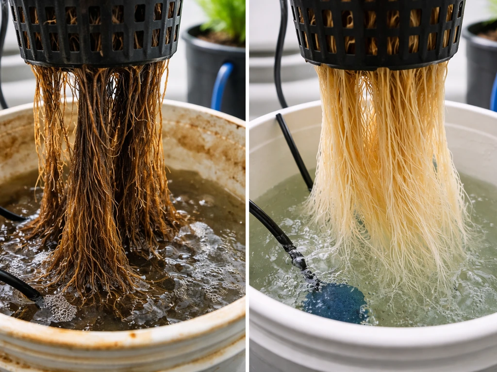 Split scene: healthy white hydroponic roots vs brown slimy root rot and cleaned reservoir.