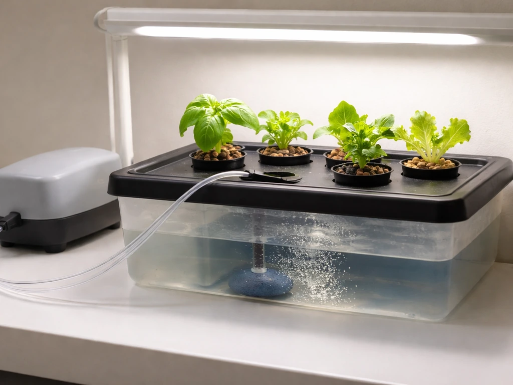 Close-up of a hydroponic system showing reservoir, air stone, net pots, and grow light.