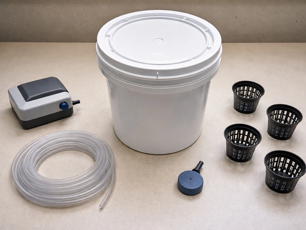 Neat DWC parts layout: opaque bucket with lid, air pump, tubing, airstone, and net pots on a workbench