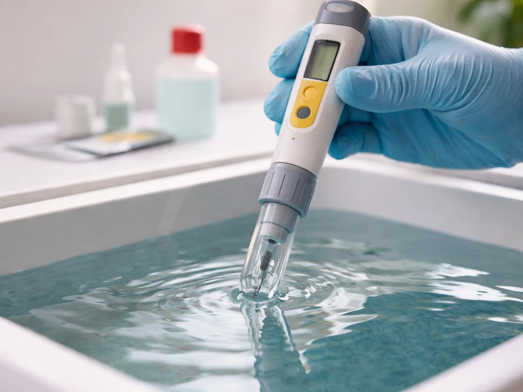 Gloved hands measuring pH in a hydroponic reservoir with pH meter; pH adjustment solution nearby.