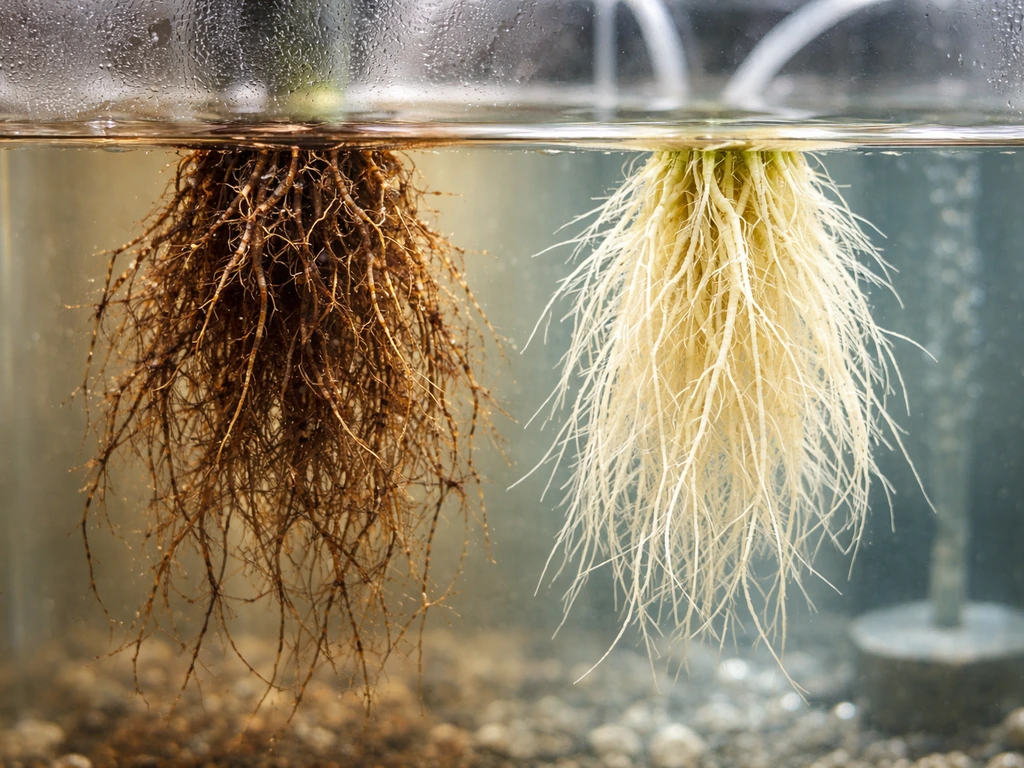 Close-up of aquarium roots showing brown slimy rot next to healthy white roots and a cold-water chiller vibe