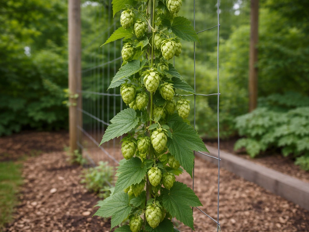 Green hop bines wrap a tall trellis with developing cones in soft natural light.