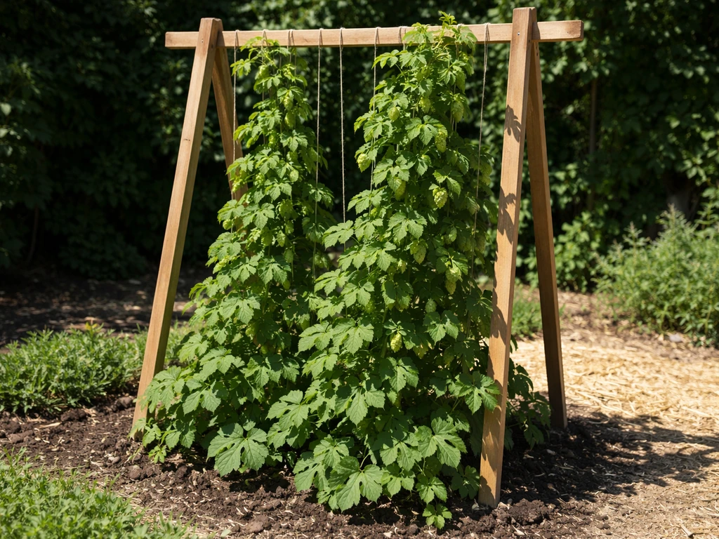 Green hop vines trained on a wooden trellis in bright direct sunlight.