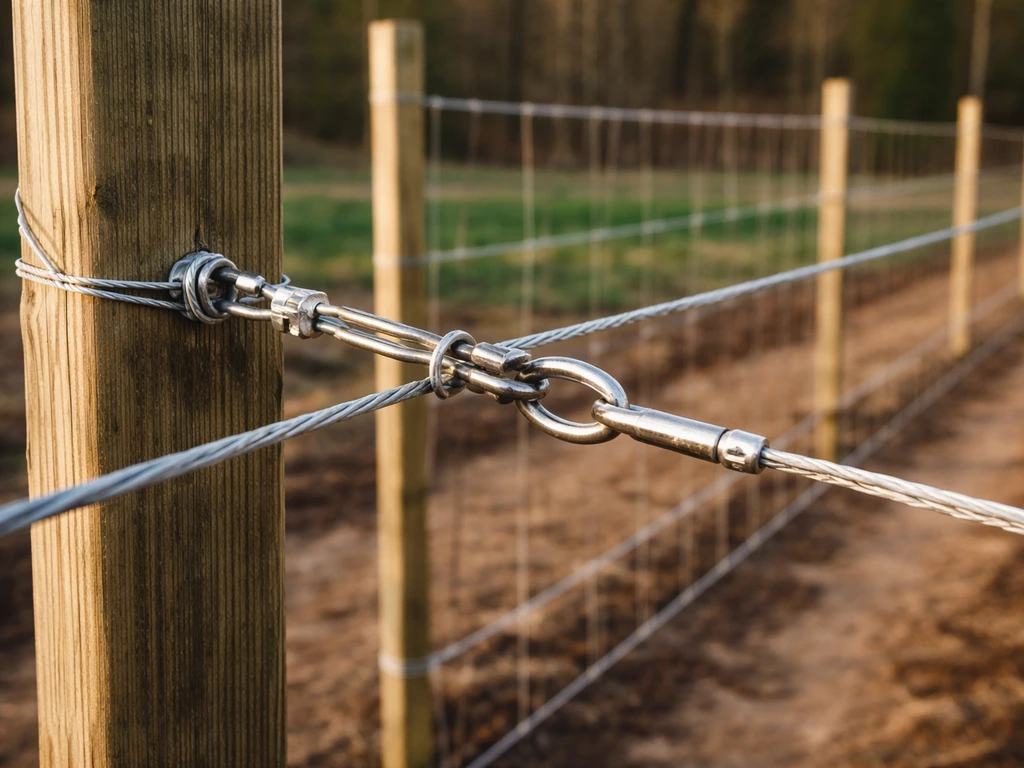 Close-up of heavy-gauge galvanized wire trellis with posts and ties ready for hop bines