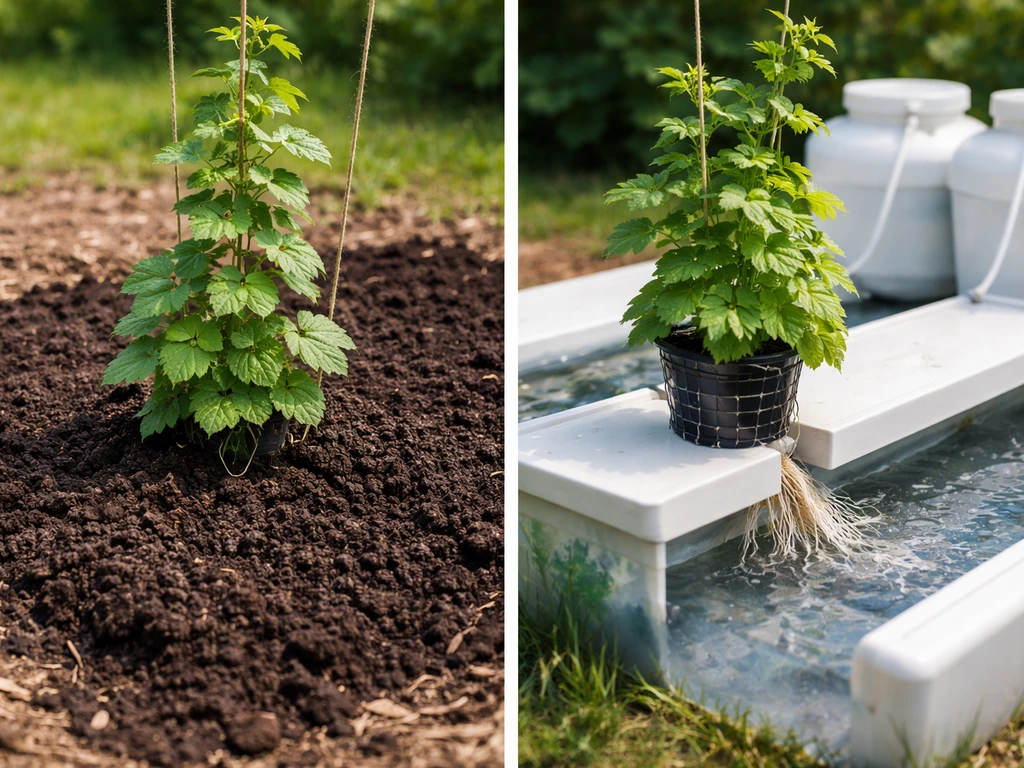 Side-by-side in-ground soil hop bed and a hydroponic tank/channel system with hop vines.