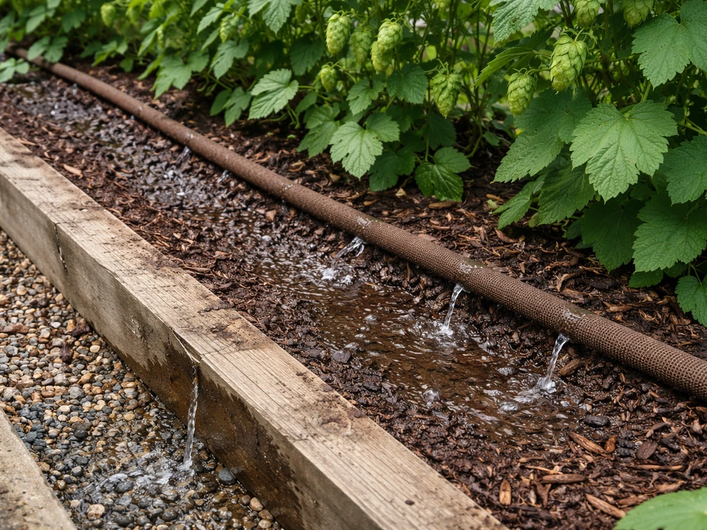 Garden hose waters hop plants beside soil, with dark damp bed and visible drainage runoff