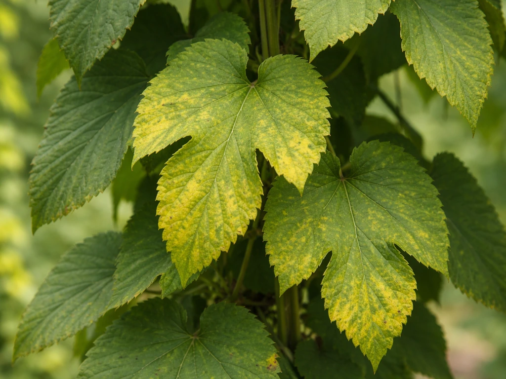 Close-up of hop leaves with early yellowing and subtle mildew-like spots on a vine.