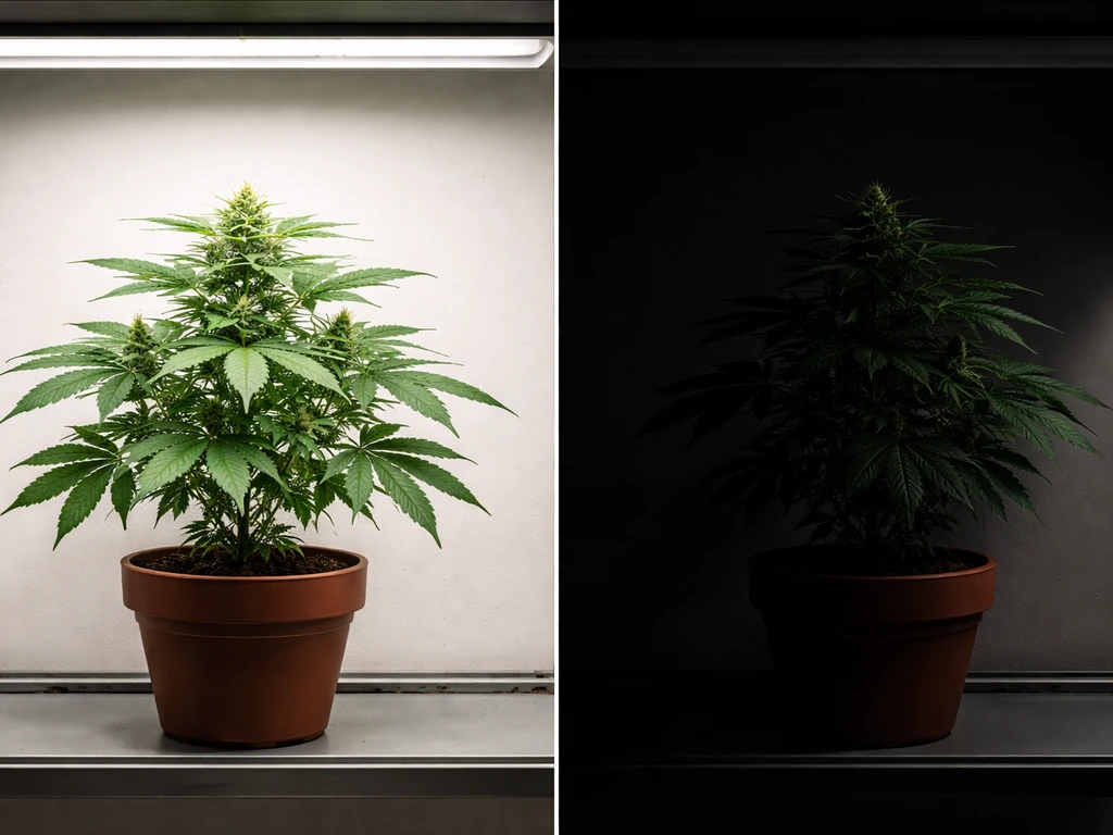 Two small cannabis plants in separate pots under different lighting setups, one with steady light and one with dark inte