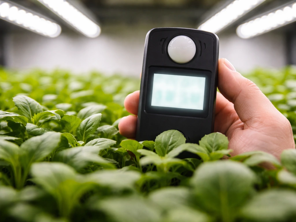Close-up of a handheld PPFD/quantum light meter at canopy level under grow lights.