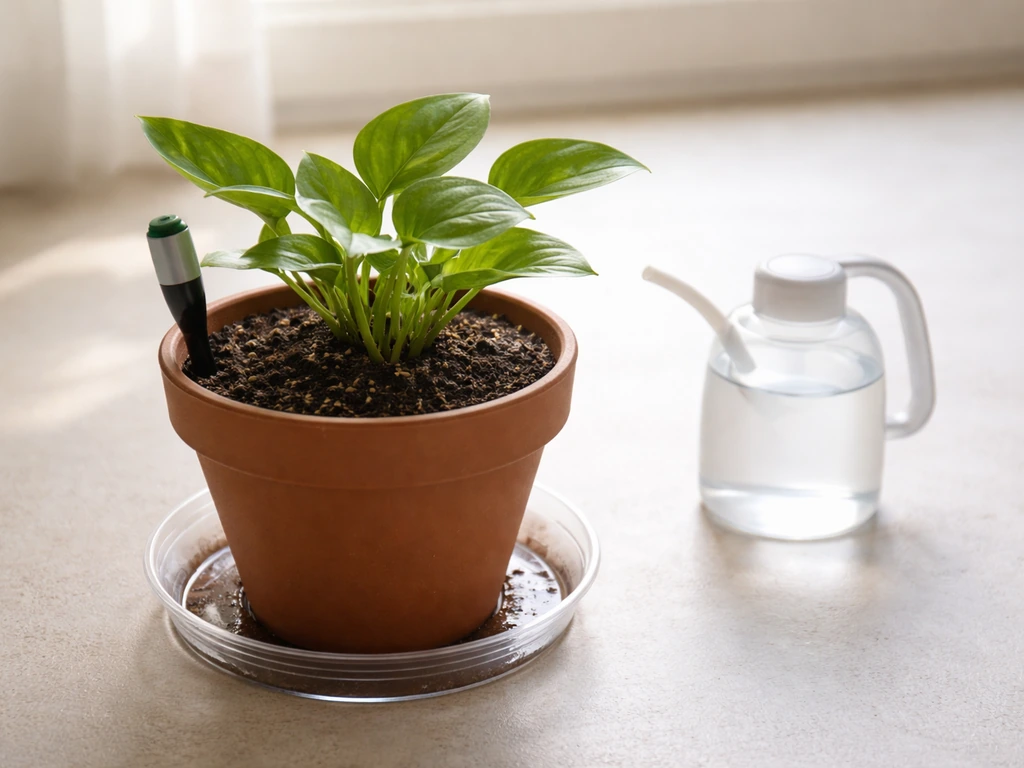Potted plant in a tray with visible soil and a simple moisture probe beside it, minimal indoor grow setup.