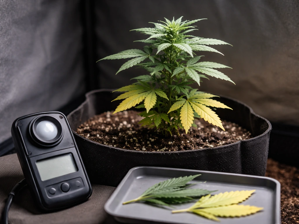 Indoor plant with pale/yellow lower leaves next to a handheld light meter at canopy level.
