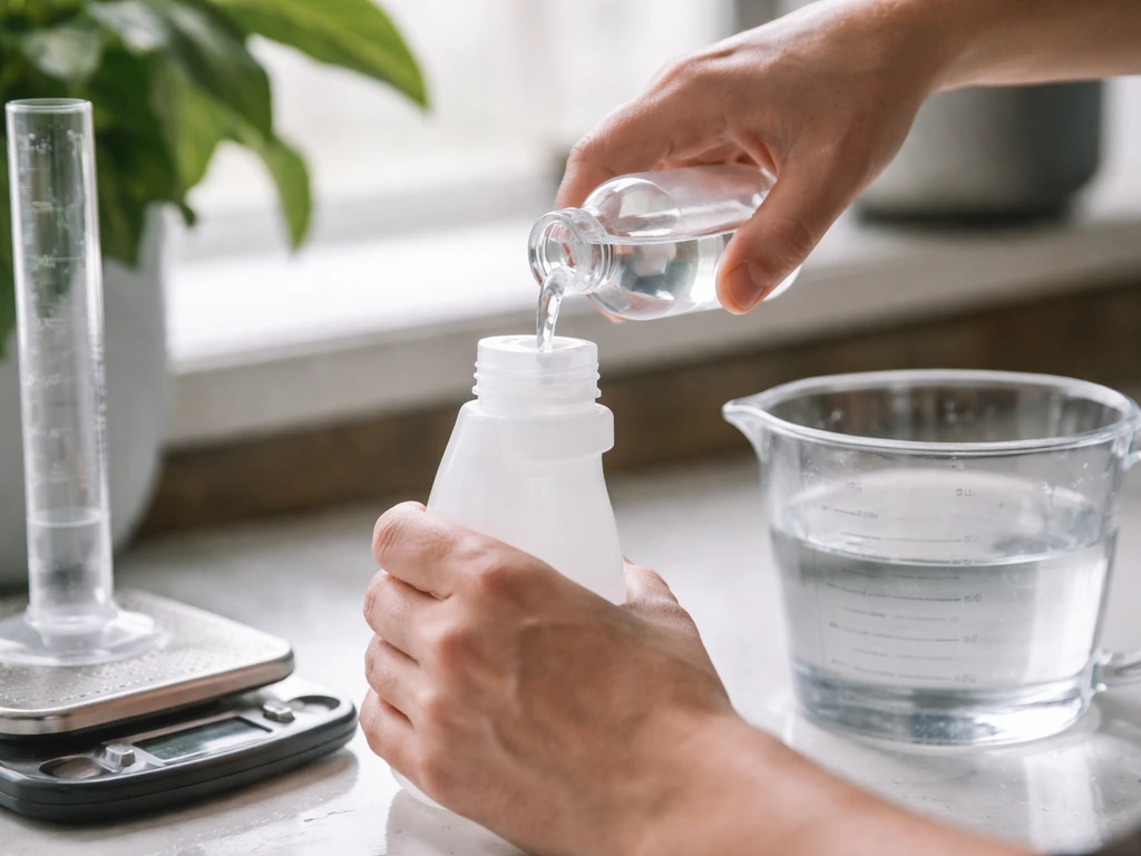 Close-up of hands measuring plant concentrate into a spray bottle for diluted foliar spraying.