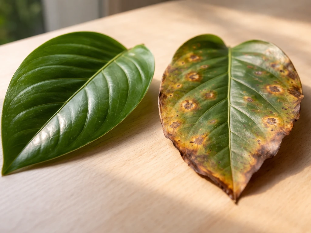 Close-up of two plant leaves: one healthy green, one with tan-brown circular spray burn spots.