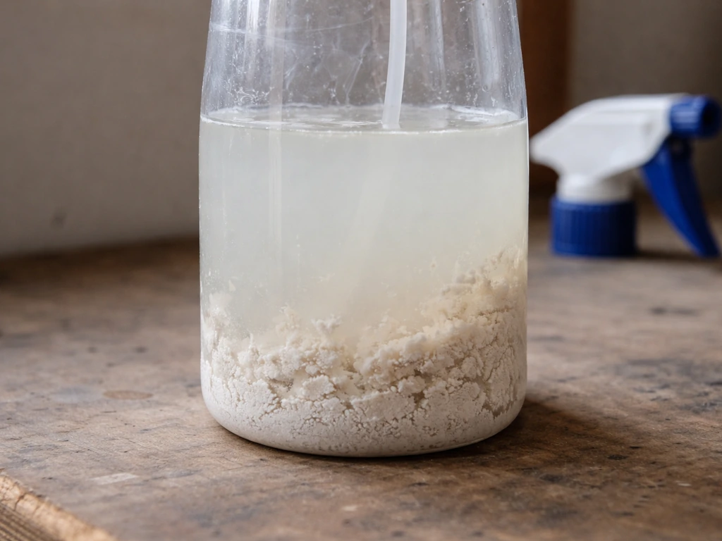 Clear container of mixed liquid showing white precipitation sludge that could clog a sprayer nozzle.