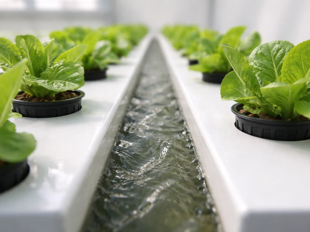 NFT hydroponic channel with leafy greens in net cups, nutrient film water flowing in a clean indoor grow area.