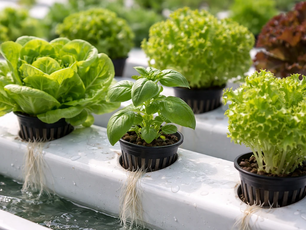 Close-up of lettuce and basil growing in net cups along an NFT hydroponic channel