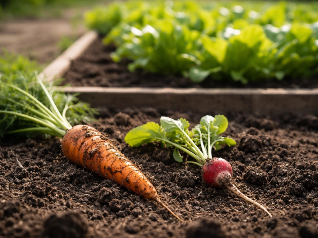 Carrot and radish-like roots on soil beside a shallow garden bed with leafy greens above ground