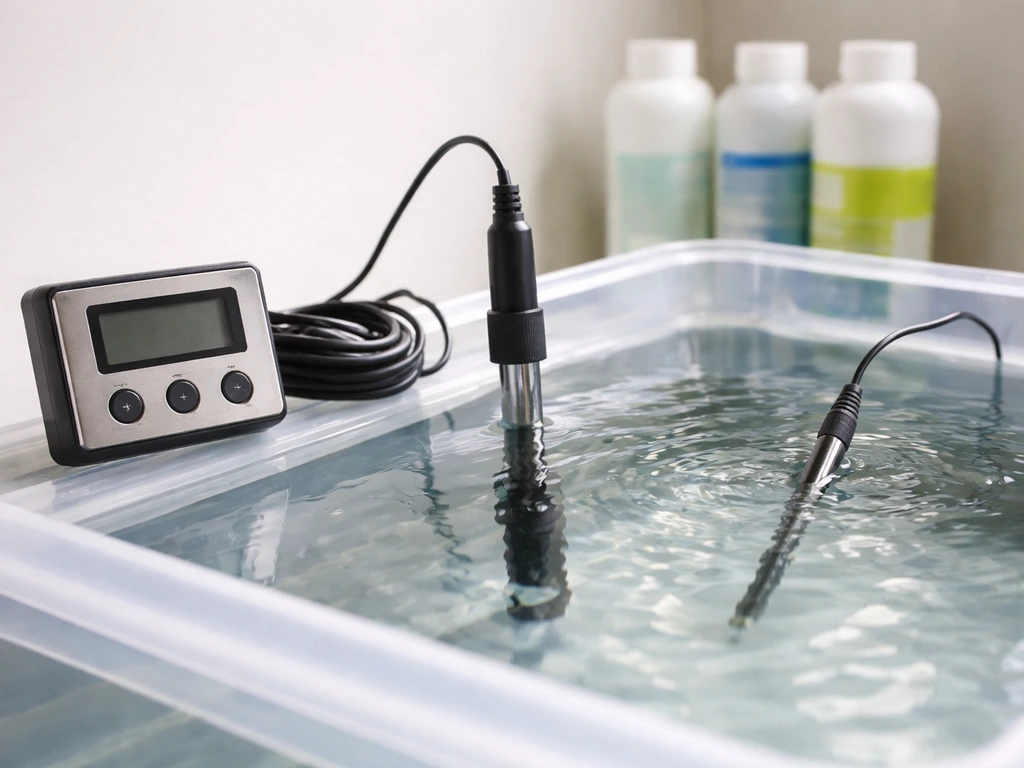 Close-up of a hydroponics reservoir with a digital meter and probes for measuring water parameters.