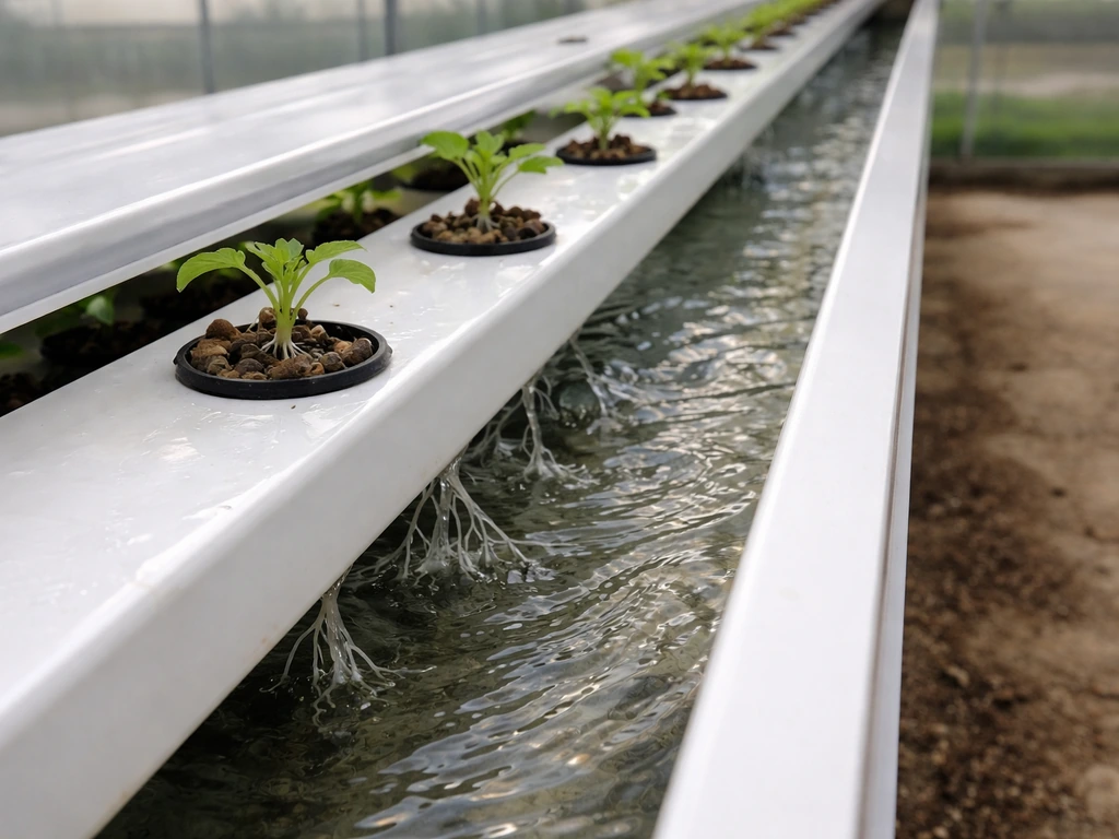 Seedlings in net cups with clear nutrient solution flowing along an NFT channel at a proper slope.
