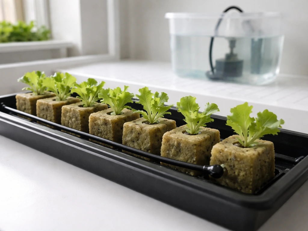 Young lettuce seedlings in rockwool cubes on a simple indoor hydroponic tray, ready to grow.