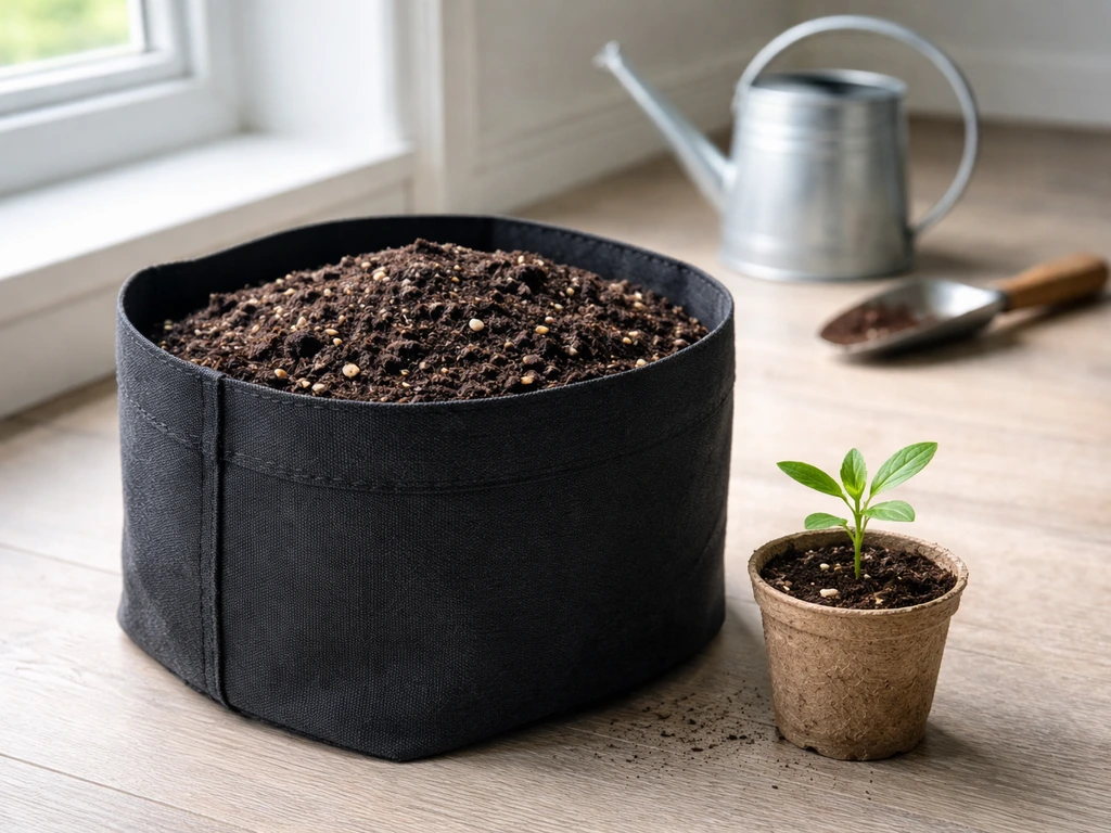 Beginner indoor soil grow starter setup: fabric container with quality potting mix and ready-to-transplant seedling.