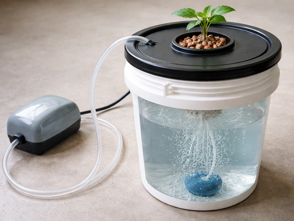 Close-up of a DWC hydroponics bucket with lid, air pump tubing, and net cup showing roots and bubbles.