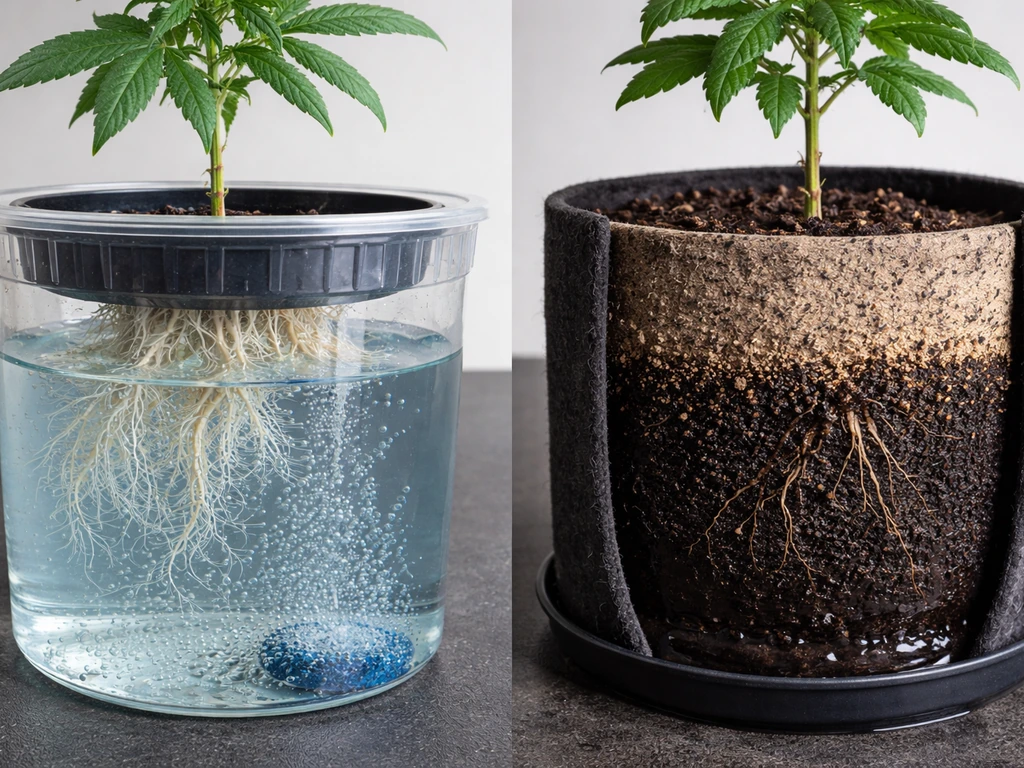 Side-by-side hydro DWC roots with bubbles and soil in a fabric pot showing dry-to-wet gradient.