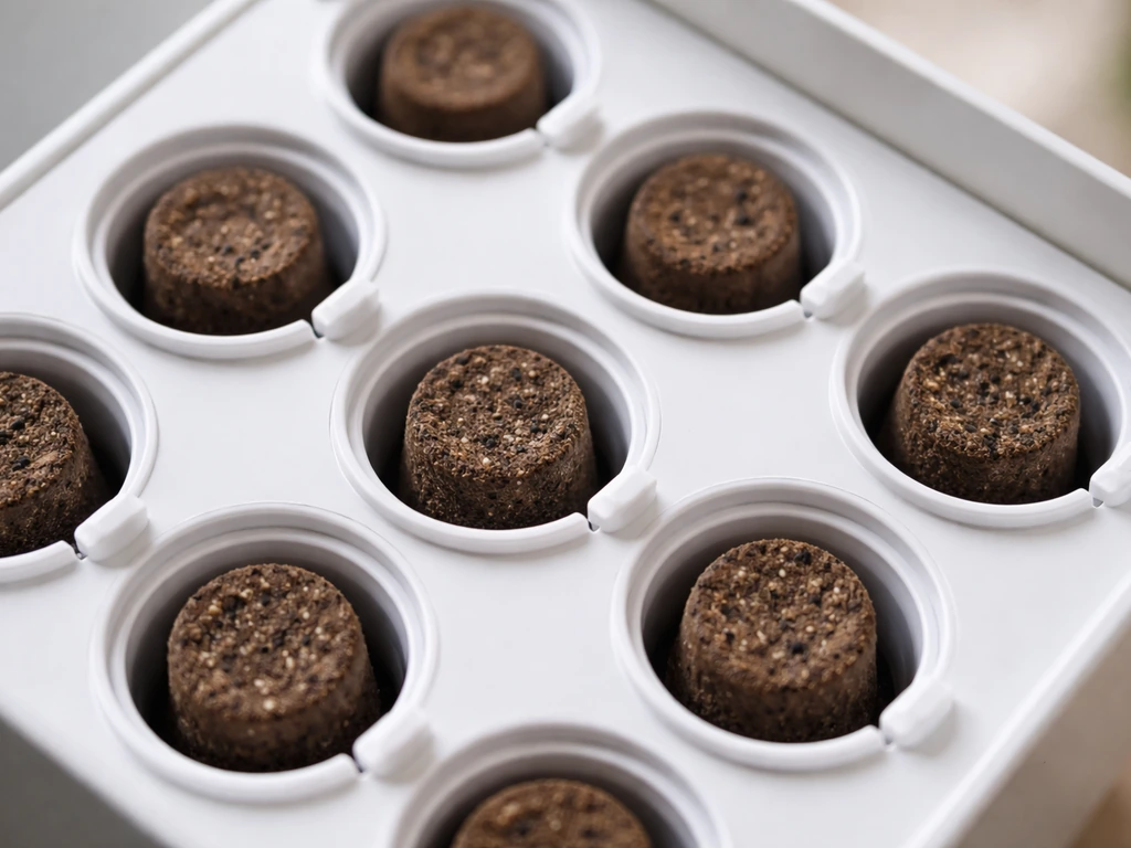 Top-down close-up of grow cups with smart soil pods snapped into a vertical garden system.