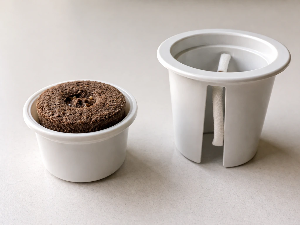 Close-up of a Smart Soil pod and a matching cup with a visible wick on a clean surface.