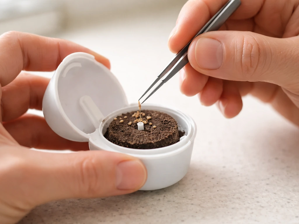 Hands use tweezers to place fresh seeds into an opened seed pod, wick and soil puck visible.