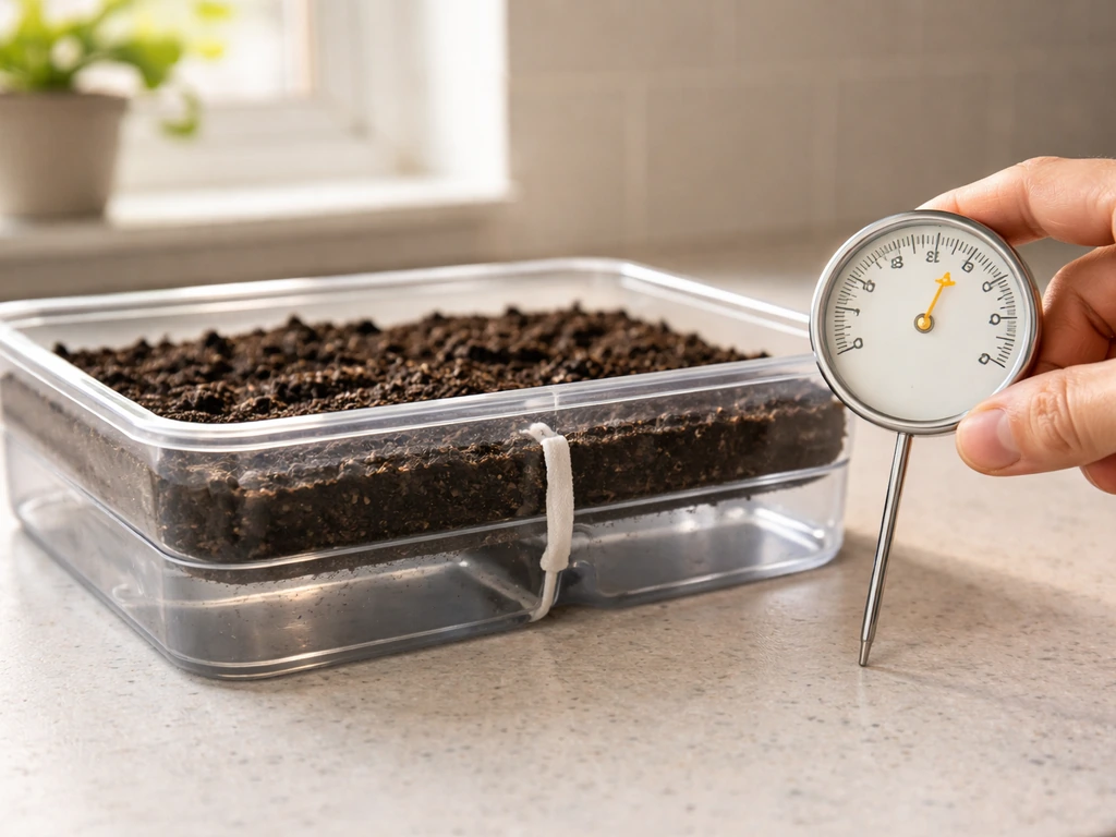 Minimal indoor seed tray with reservoir and wick, thermometer nearby to cue proper warmth for germination