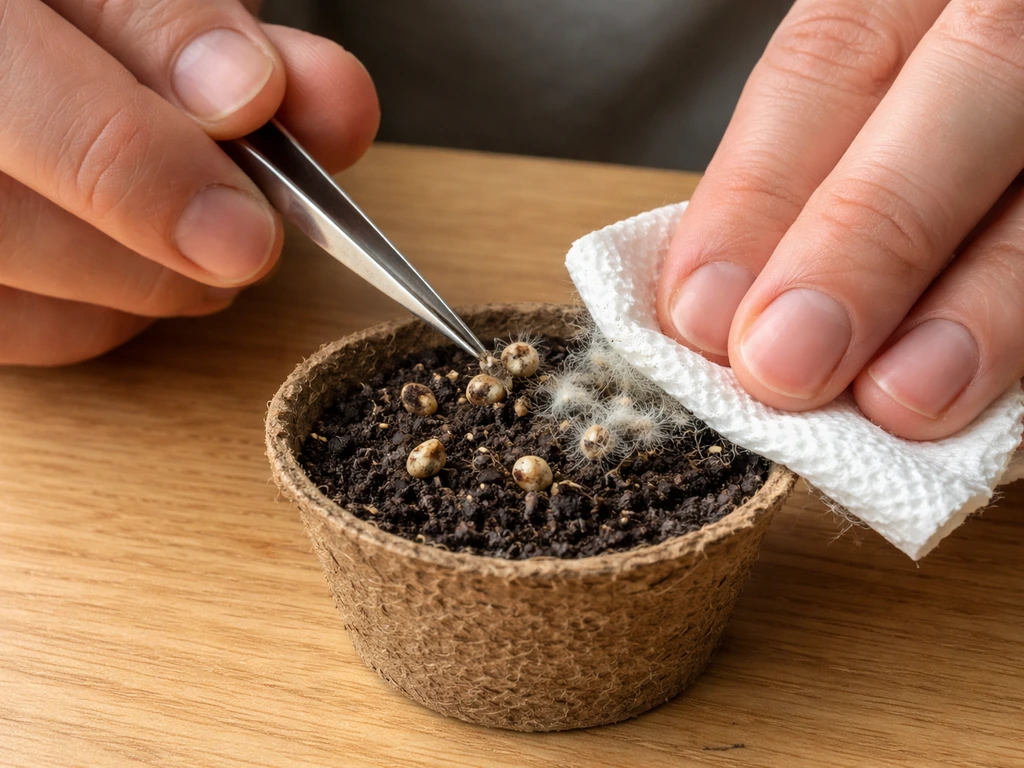 Close-up of tweezers removing failed seeds and wiping an unsprouted seed pod with a dry paper towel.