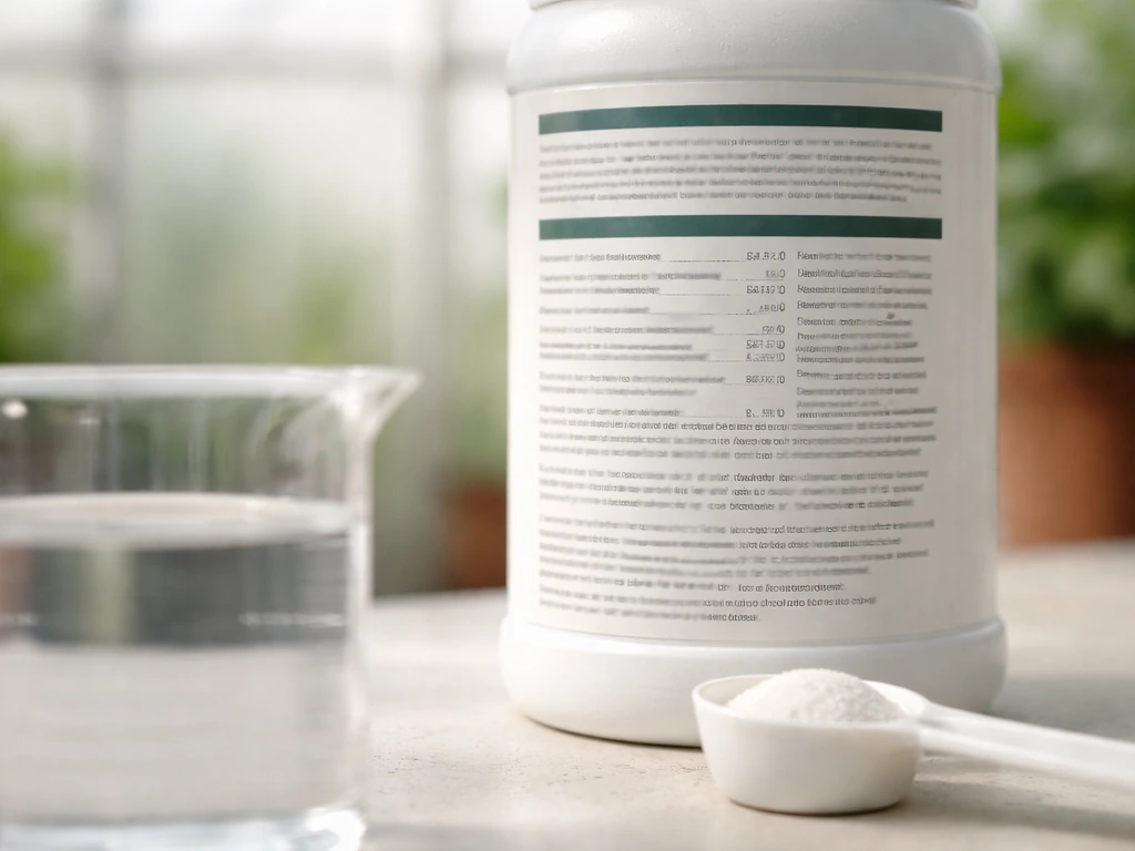 Close-up of blurred fertilizer label with dilution notes, plus measuring spoon and beaker on a workbench.